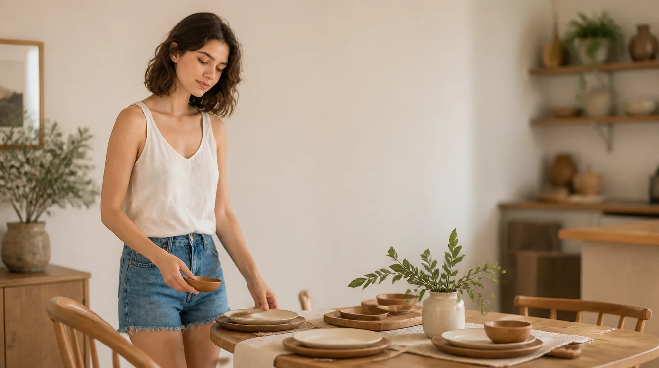 Cliente organizando a mesa de jantar com utensílios de madeira e louças Alna Commerce